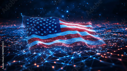 Abstract american flag waving glowing blue and red network connection for technology and innovation concept