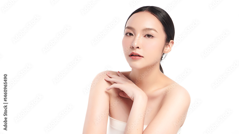 A beautiful young Asian woman with clean, fresh skin against a white background. Skincare, facial treatment, cosmetology, beauty, and spa. An elegant portrait of an Asian woman. A beautiful young Asian woman with clean, fresh skin against a white background. Skincare, facial treatment, cosmetology, beauty, and spa. An elegant portrait of an Asian woman.