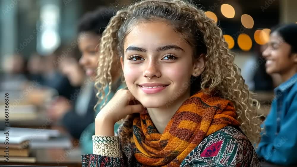 Young Girl with Curly Hair Sitting in Classroom with Friends Young Girl with Curly Hair Sitting in Classroom with Friends