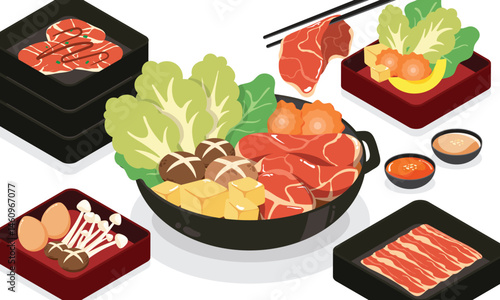 Vector art depicting a delicious shabu-shabu meal with various ingredients ready for cooking. Ideal for restaurant and culinary themes.