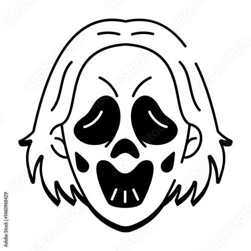 clown, jester, costume, frightening, sinister, scary, haunted, halloween, doodle, drawing, sketchy, vector, icon 
A sketchy style icon of ghostly face
