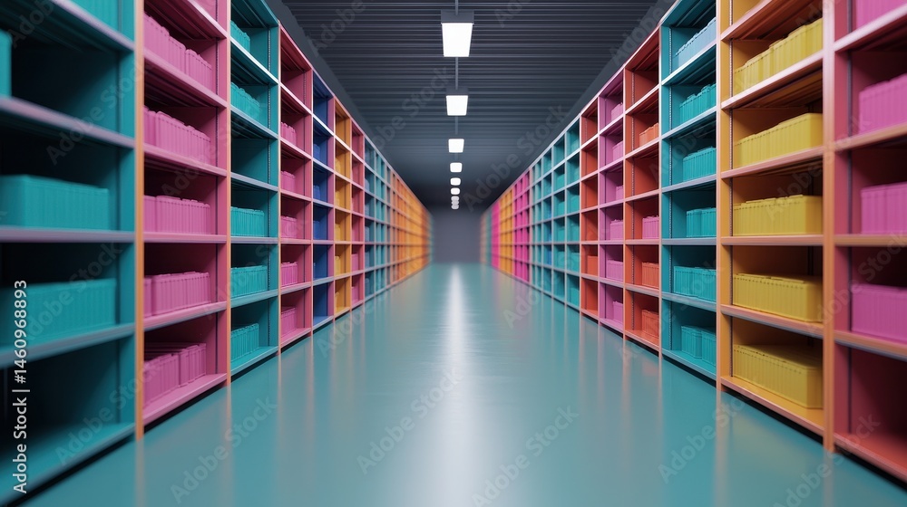 Fototapeta premium Colorful Shelves Form a Vibrant Aisle in a Modern Library Interior with Bright Lighting and Organized Space