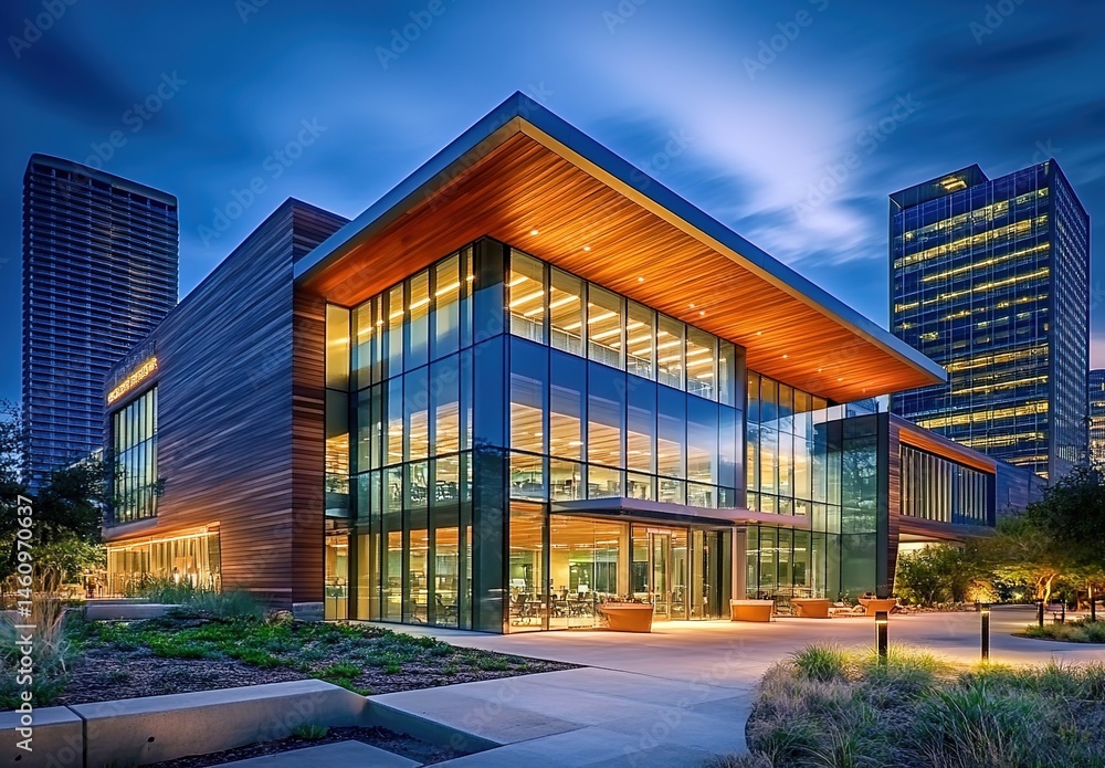 Obraz premium Modern building with glass windows, wooden elements at dusk, surrounded by skyscrapers.
