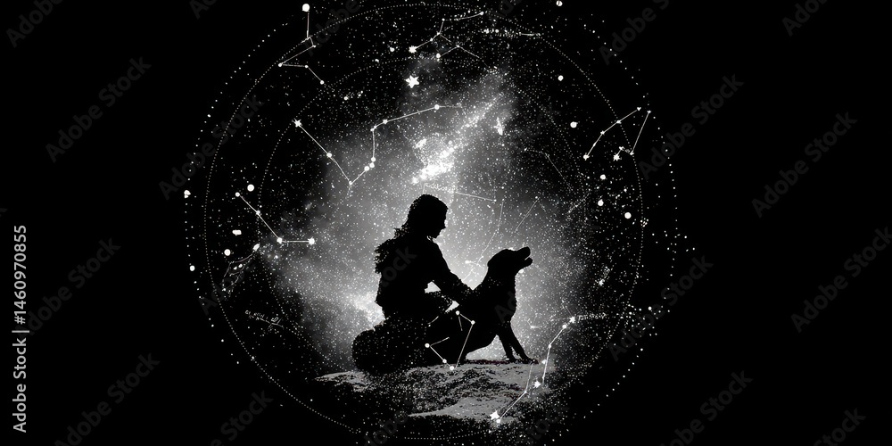 Silhouette of person and dog amidst celestial design. Silhouette of person and dog amidst celestial design.