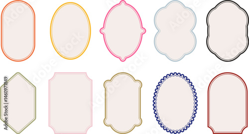 Ornamental label frames in various retro elegant shapes with thin outlines, flat style, isolated on a white background