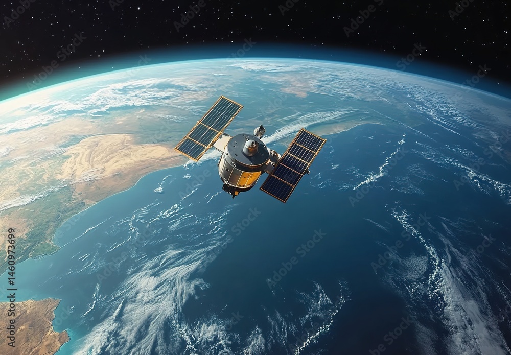 Obraz premium A satellite in Earth's orbit with part of Earth's surface in the background, showing oceans and land, with stars in the sky.
