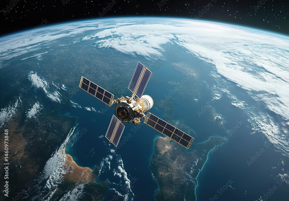 Obraz premium A satellite in Earth's orbit with part of Earth's surface in the background, showing oceans and land, with stars in the sky.