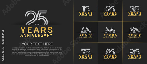 Anniversary logo set with double line number style. golden and silver color can be use for special moment