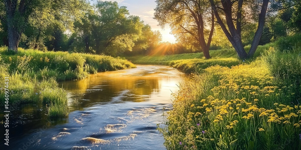 Fototapeta premium A river at sunset with lush green plants and trees on both banks, a cloudy sky, sunlight reflecting on the water, and wildflowers by the river.