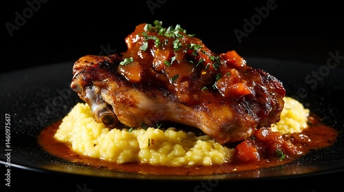 Side view of braised chicken thigh onion tomato sauce pap served over a black background Free State South African flavor savory and comforting weekend meal cut out on isolated transparent background