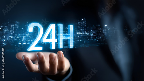 Businessman Futuristic Hand Holding with 24 hours of network communication to cope with the business world today.
