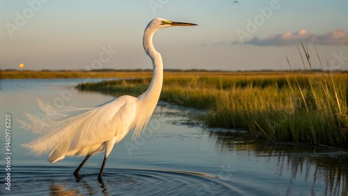 Beautiful egret in peaceful marsh landscape, showcasing stunning wildlife photography with vivid natural colors. A congregation of great egrets in a marsh
