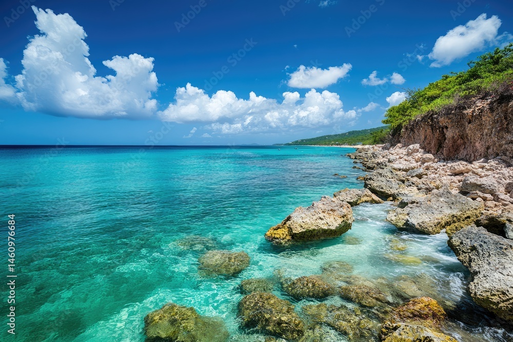 Coastal landscape of turquoise water and rocky shore under a bright sky Coastal landscape of turquoise water and rocky shore under a bright sky
