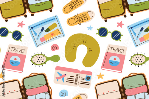 Vector flat cartoon seamless pattern with female travel items. Open suitcase, traveling book, airplane ticket, beauty bag, stylish sneakers, plane pillow. Bright vacation background with doodle icons
