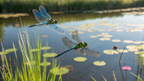 Dragonfly Serenity: Two dragonflies gracefully glide above a serene pond, their vibrant wings reflecting the natural sunlight and tranquil environment.