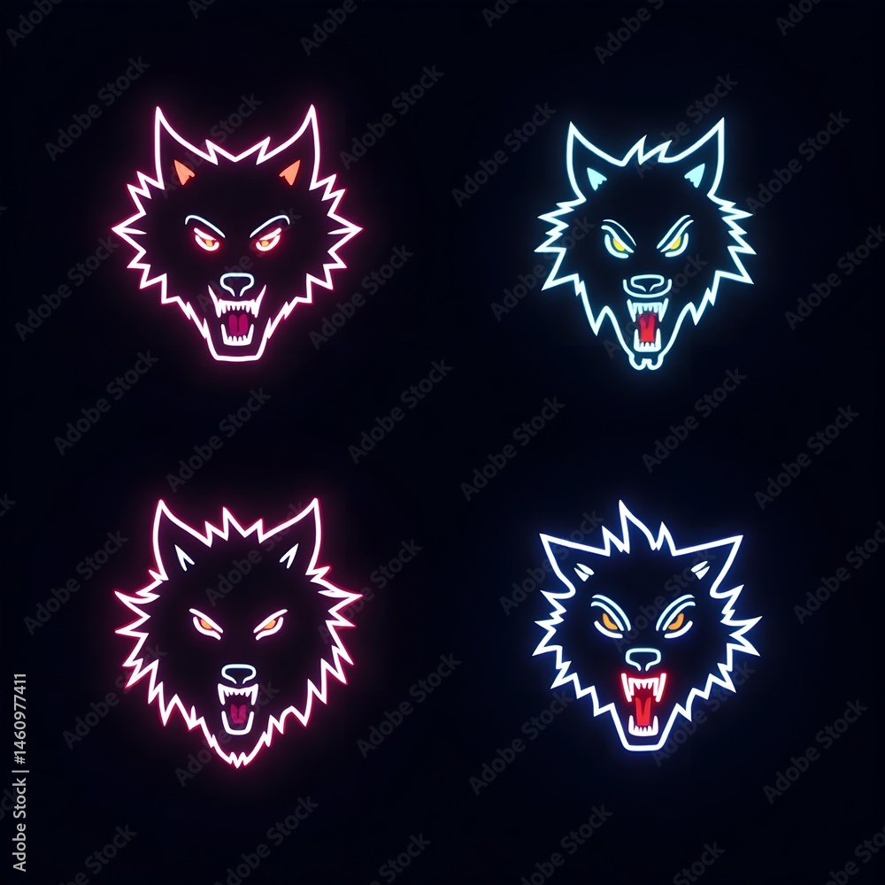 Obraz premium Set of Howling Wolf Head Icon Canine Mammal Haunted Werewolf Wild Beast Fantasy Predator Wildlife Neon Illustration