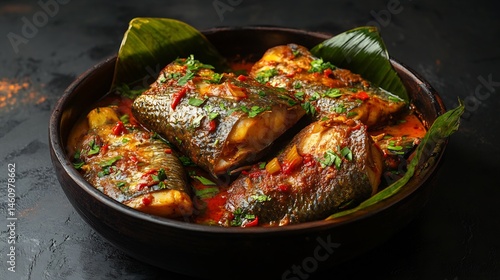 Side view of Congolese liboke de poisson marinated fish steamed banana leaves served black textured background bold spices rustic African village cooking style cut out isolated transparent background
