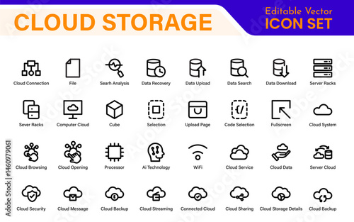 Cloud Storage Backup Icon Set – Minimal Outline Vector Illustrations for Secure Data, Sync, Upload, and File Protection – Modern Line Icons