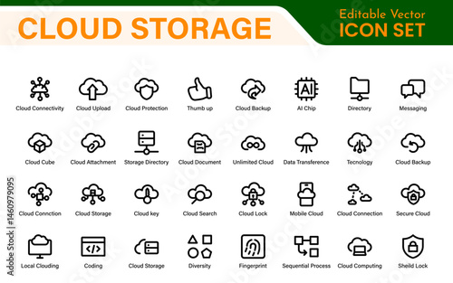 Cloud Storage Backup Icon Set – Minimal Outline Vector Illustrations for Secure Data, Sync, Upload, and File Protection – Modern Line Icons