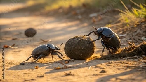 Nature macro shot of dung beetle on ground with earth tones, perfect for educational content. hard working dung beetles facing problems
