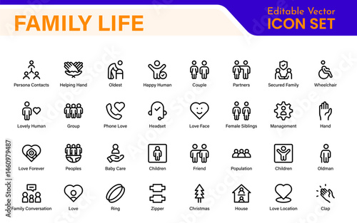 Loving Family Relationships outline modern icon set. editable line icon collection.