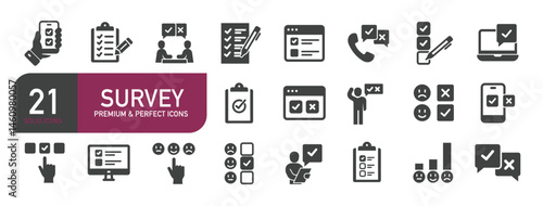 Set of glyph solid icons related to survey, questionnaire, option, checklist. Glyph solid icons collection. Vector illustration