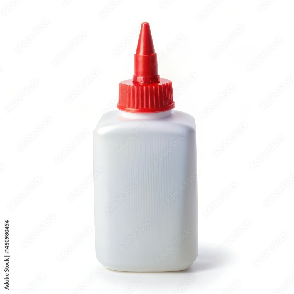 White glue bottle with red cap isolated on a white background in studio lighting White glue bottle with red cap isolated on a white background in studio lighting