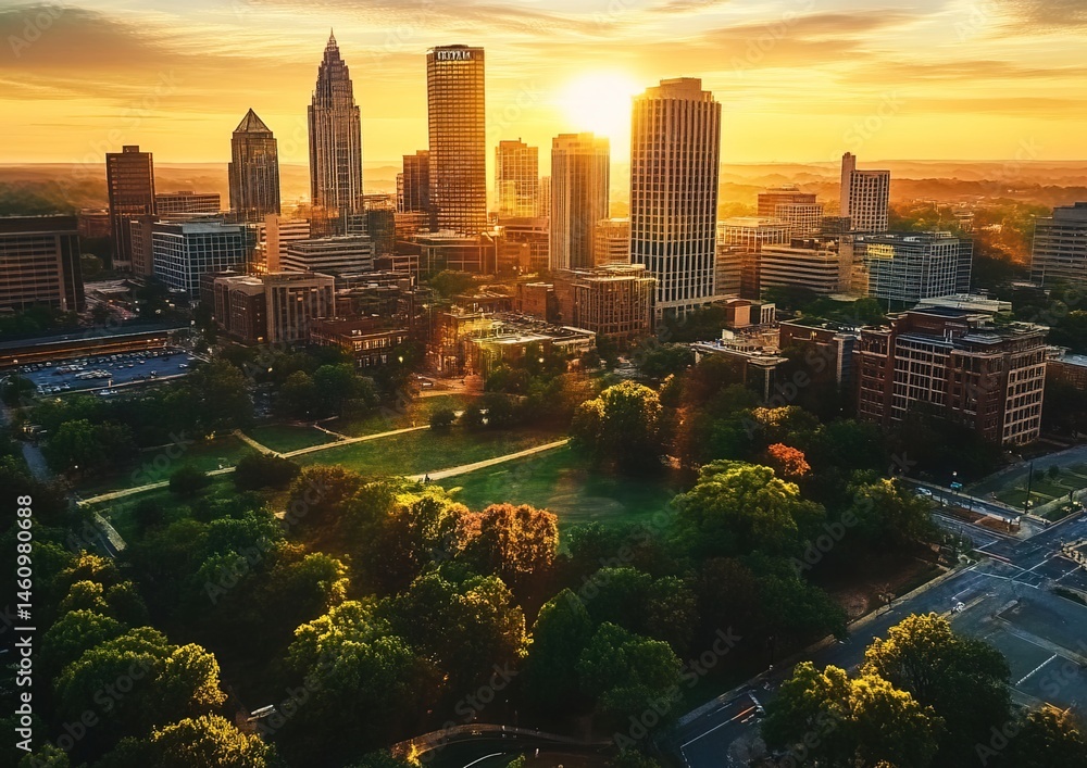 Obraz premium A panoramic aerial view of a cityscape during sunset blending modern high-rise buildings with traditional low-rise structures, surrounded by lush green trees under a vibrant orange, pink, and blue sky
