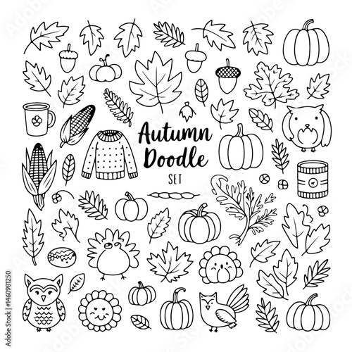 Set of autumn doodle on white background. Hand drawn abstract doodle isolated on white background.