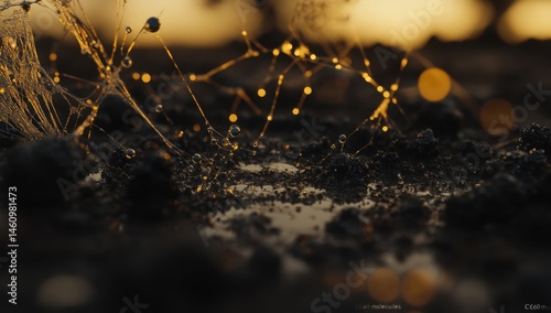 Dark earth surface with golden threads and glistening droplets.  Detailed network of  interconnecting lines.  Soft golden light highlights photo