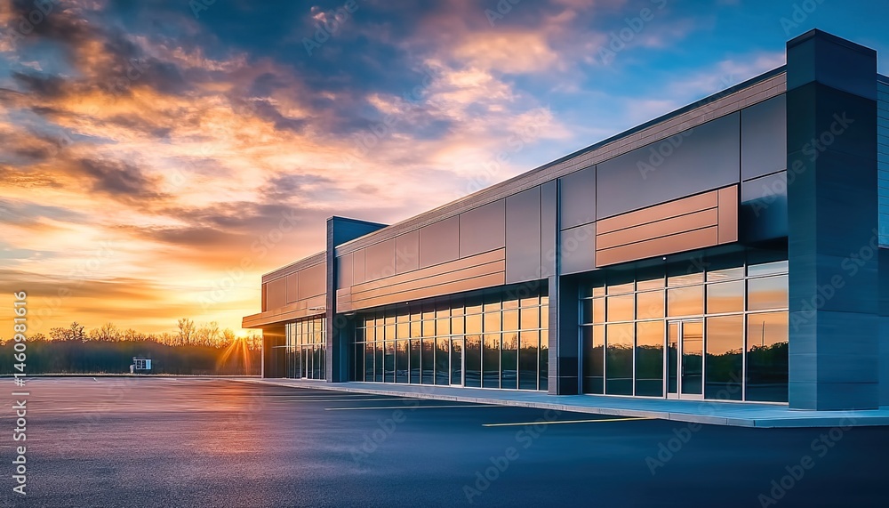 Obraz premium A modern commercial building at sunset with a spacious parking lot, large glass windows, stone-metal exterior, palm trees, and colorful clouds in the sky.