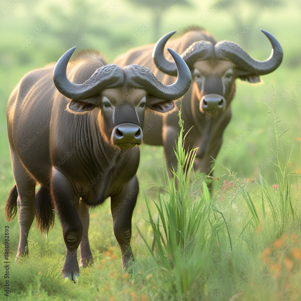 Obraz premium Two african buffaloes in a field of grass
