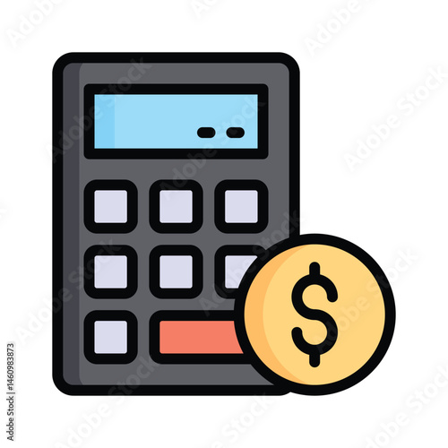 A captivating flat outline style icon of accounting calculator with dollar coin