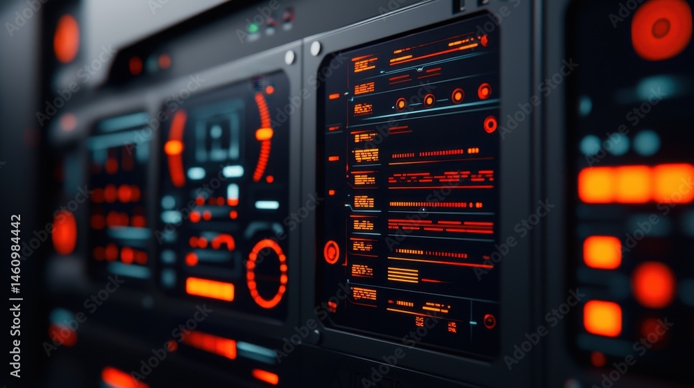 Futuristic Control Panel with Neon Orange and Dark Elements for Science Fiction or Technology Themes Futuristic Control Panel with Neon Orange and Dark Elements for Science Fiction or Technology Themes
