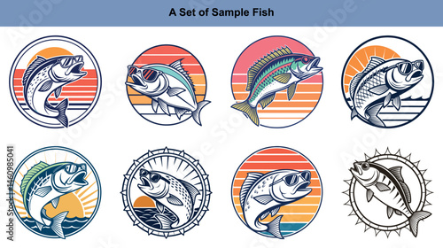 Several fish icons show various vintage designs of jumping fish wearing sunglasses on backgrounds