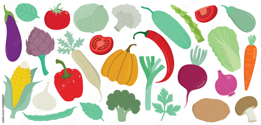 Fototapeta premium Fresh vegetables cartoon organic design elements set isolated on white background.