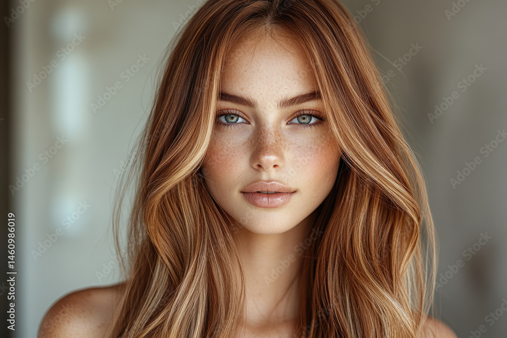 Naklejka premium Portrait of a Beautiful Woman with Light Brown Layered Hair