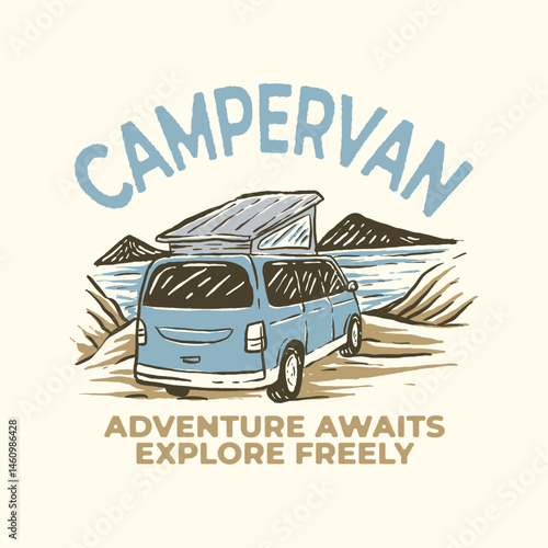 Adventure Mobile Near Waterscape. Vintage badge hand drawn illustration tshirt design