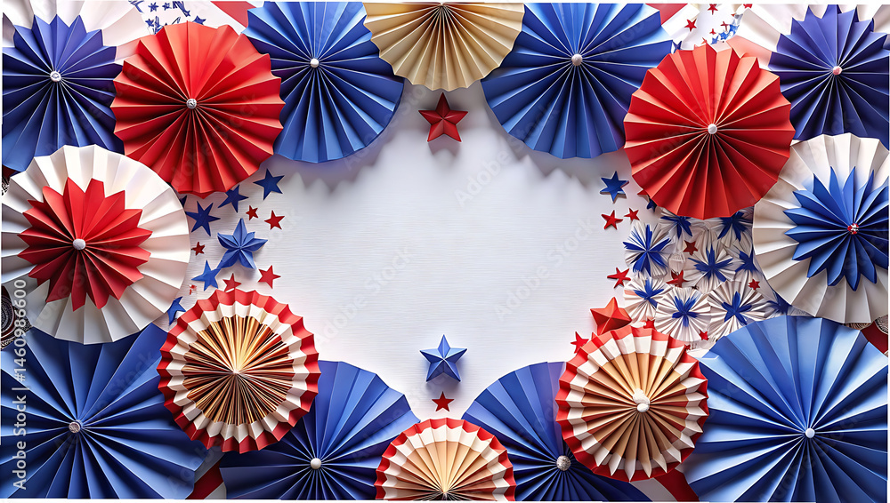 USA patriotic frame with red white and blue paper fans on clean white background USA patriotic frame with red white and blue paper fans on clean white background