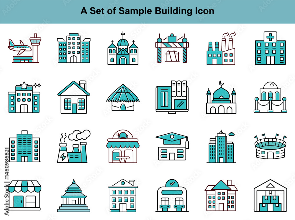 Diverse turquoise and black line icons showcase various buildings, reflecting architectural variety and utility Diverse turquoise and black line icons showcase various buildings, reflecting architectural variety and utility