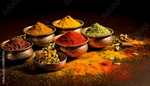 Overhead view of various Indian spices in traditional Metal tins.different dry spices like cardamom, cinnamon, turmeric. Spices like anise, star anise, ginger, pepper also present.