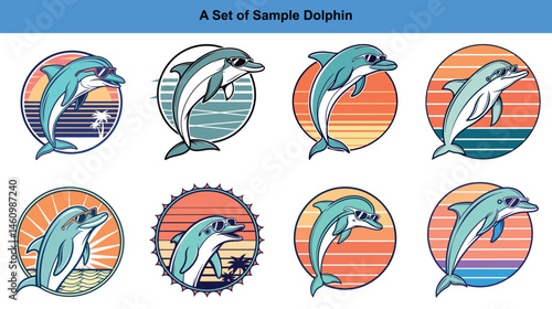 Eight unique dolphins wear sunglasses over various striped backgrounds in a retro cartoon styled theme