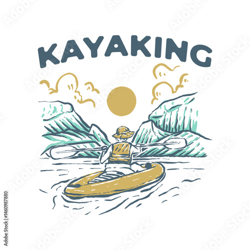 Kayaking adventurer paddling under sunlit peaks. Vintage badge hand drawn illustration tshirt design