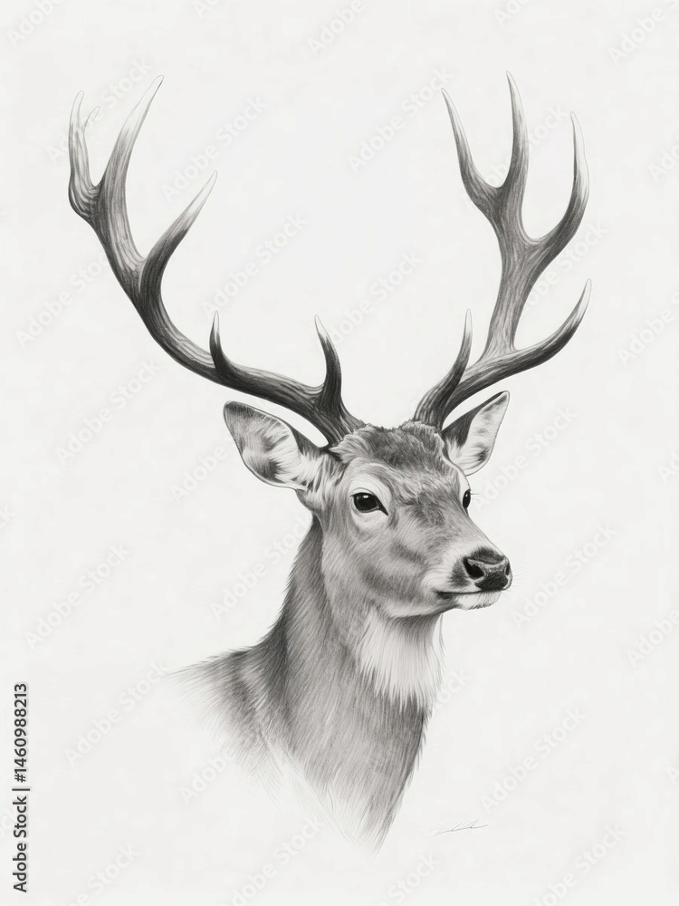 Naklejka premium Side Profile Deer Sketch with Antlers – Fine Pencil Wildlife Illustration