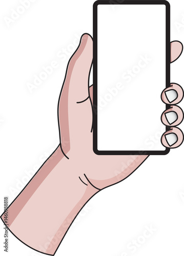 Hand holding the black smartphone phone with blank screen and modern frameless design, Ideal for marketing, app design, UI and UX, vector flat color design