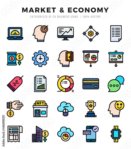 Vector icons set of Market & Economy. Lineal Color style Icons.