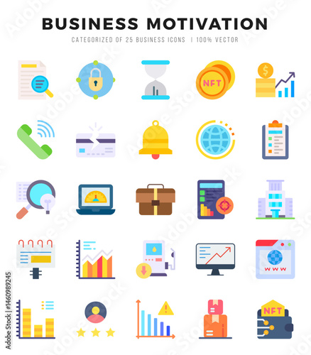 Set of BUSINESS MOTIVATION Icons. Simple Flat art style icons pack. Vector illustration.