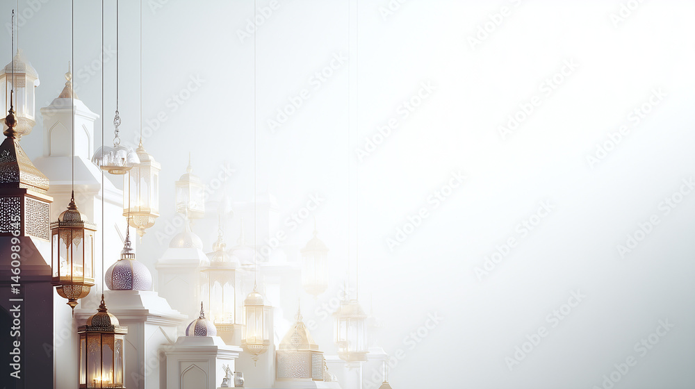 islamic background featuring glowing golden lanterns hanging in foreground islamic background featuring glowing golden lanterns hanging in foreground