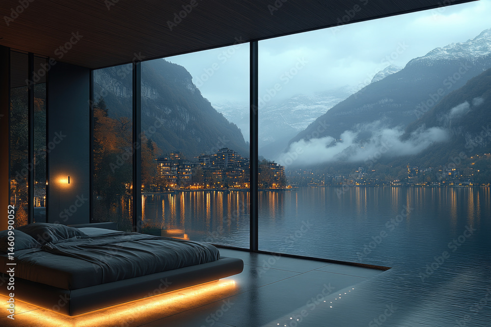 Fototapeta premium Cozy Interior Facing City Skyline and Mountain Lake at Night