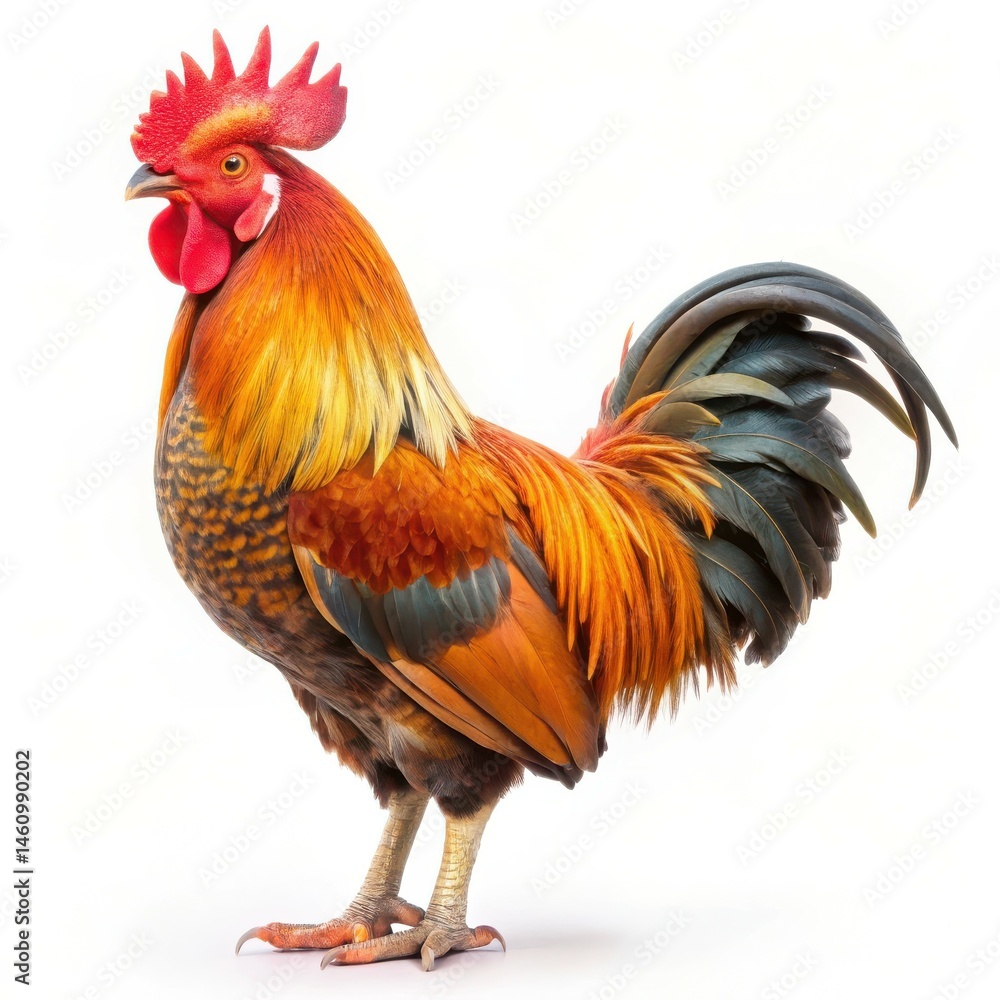Majestic rooster displaying colorful plumage against a clean white background isolated portrait Majestic rooster displaying colorful plumage against a clean white background isolated portrait